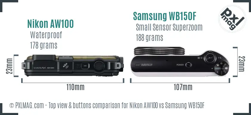 Nikon AW100 vs Samsung WB150F top view buttons comparison Nikon AW100 vs Samsung WB150F top view buttons comparison