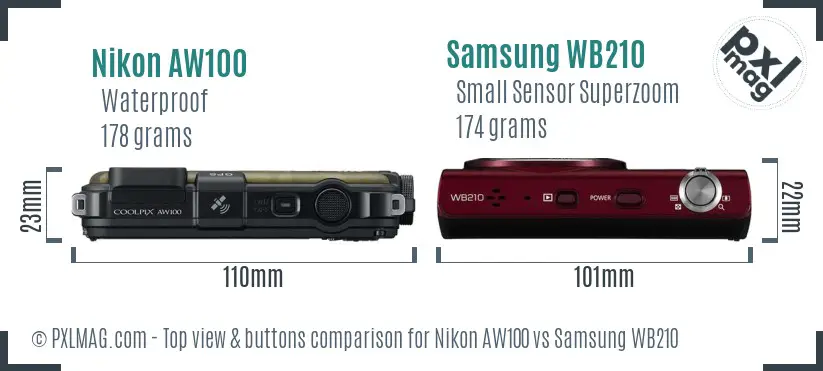 Nikon AW100 vs Samsung WB210 top view buttons comparison Nikon AW100 vs Samsung WB210 top view buttons comparison