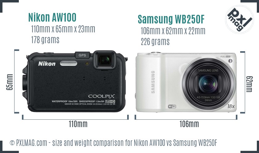 Nikon AW100 vs Samsung WB250F size comparison Nikon AW100 vs Samsung WB250F size comparison