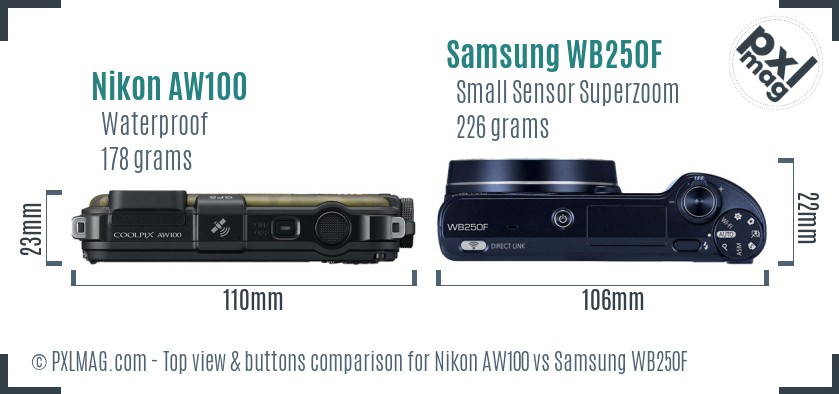 Nikon AW100 vs Samsung WB250F top view buttons comparison