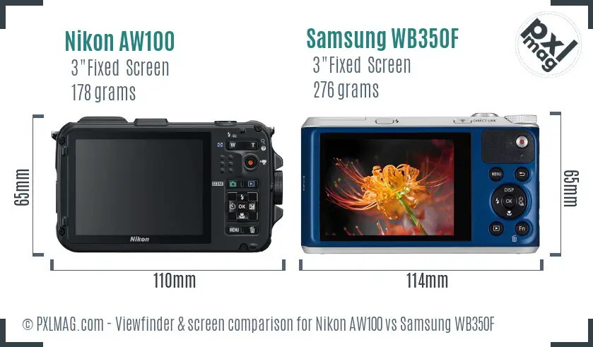 Nikon AW100 vs Samsung WB350F Screen and Viewfinder comparison