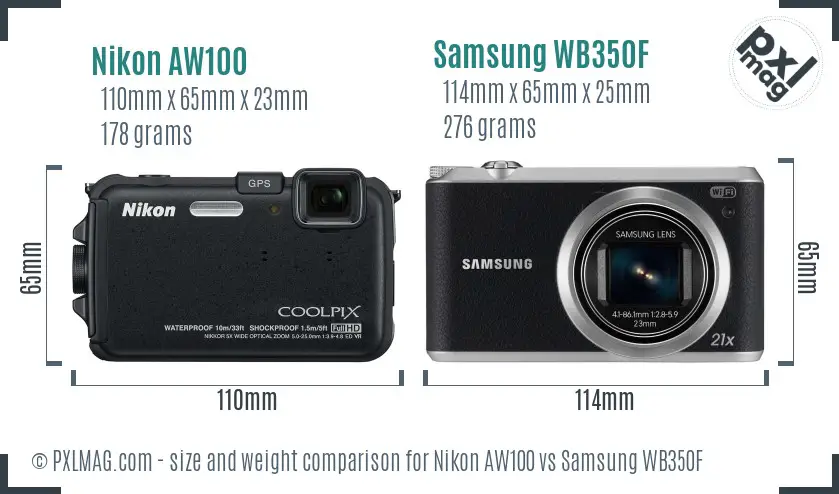 Nikon AW100 vs Samsung WB350F size comparison