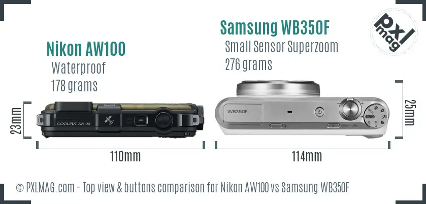 Nikon AW100 vs Samsung WB350F top view buttons comparison