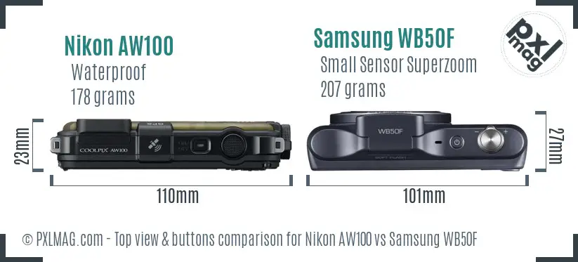 Nikon AW100 vs Samsung WB50F top view buttons comparison Nikon AW100 vs Samsung WB50F top view buttons comparison