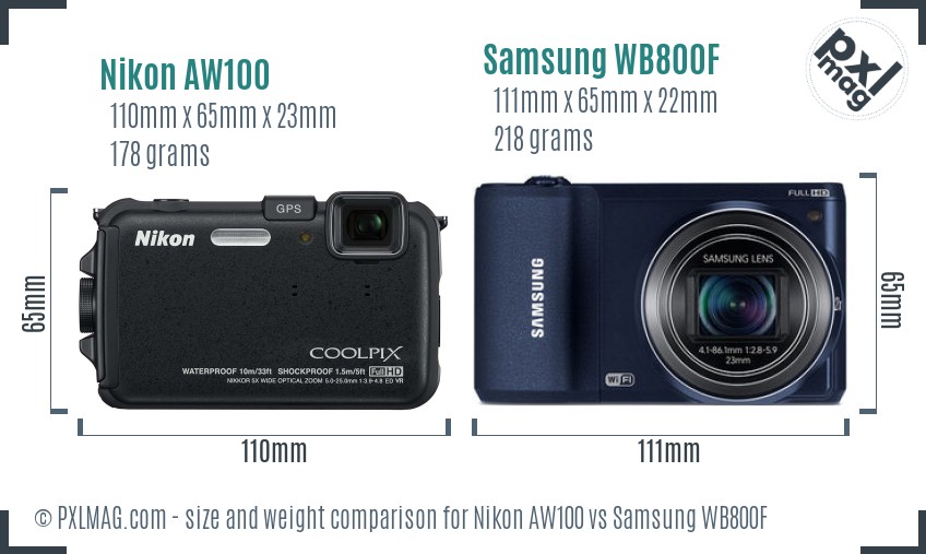 Nikon AW100 vs Samsung WB800F size comparison