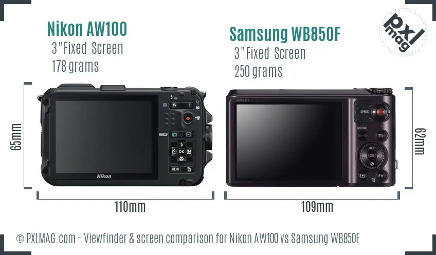 Nikon AW100 vs Samsung WB850F Screen and Viewfinder comparison