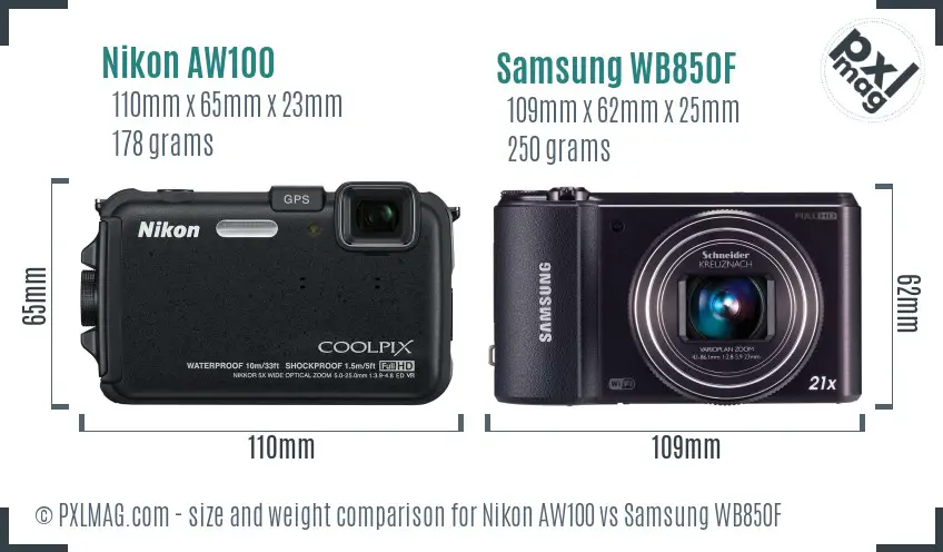 Nikon AW100 vs Samsung WB850F size comparison