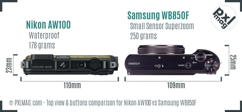 Nikon AW100 vs Samsung WB850F top view buttons comparison