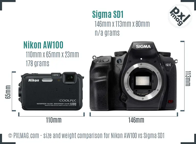 Nikon AW100 vs Sigma SD1 size comparison