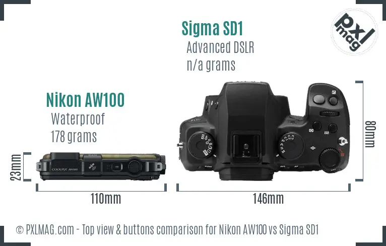 Nikon AW100 vs Sigma SD1 top view buttons comparison