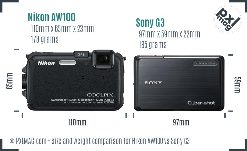 Nikon AW100 vs Sony G3 size comparison