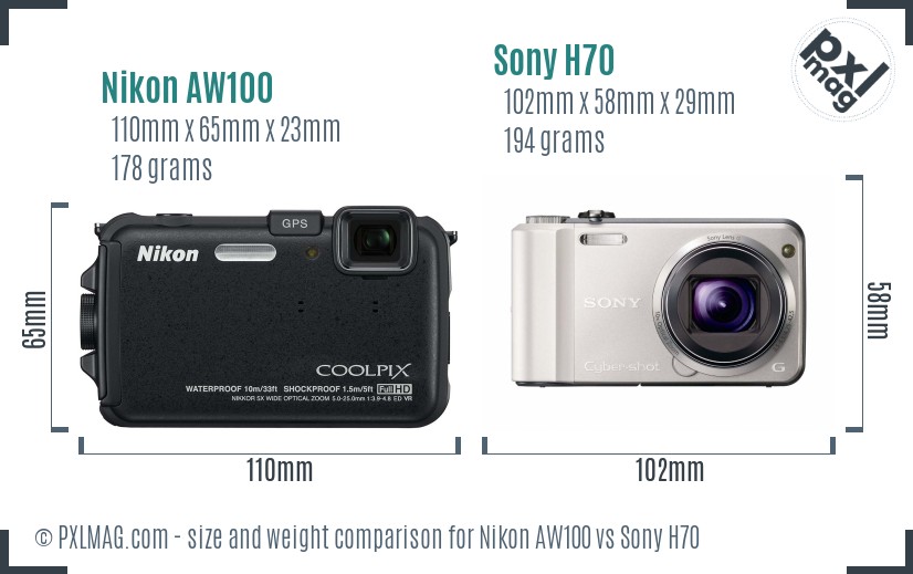 Nikon AW100 vs Sony H70 size comparison