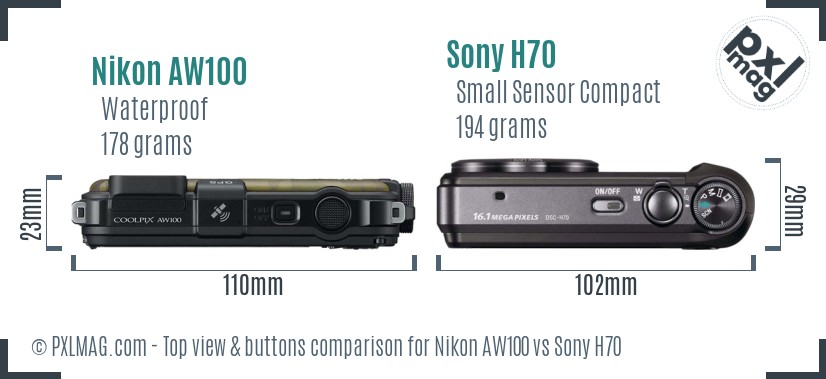 Nikon AW100 vs Sony H70 top view buttons comparison