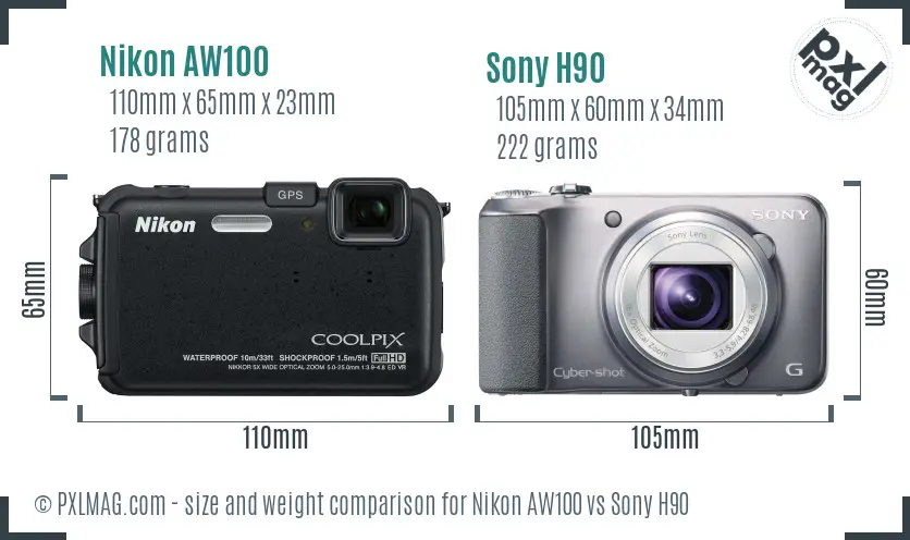 Nikon AW100 vs Sony H90 size comparison Nikon AW100 vs Sony H90 size comparison