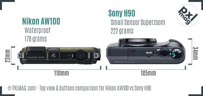 Nikon AW100 vs Sony H90 top view buttons comparison Nikon AW100 vs Sony H90 top view buttons comparison