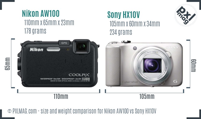Nikon AW100 vs Sony HX10V size comparison