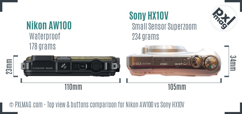 Nikon AW100 vs Sony HX10V top view buttons comparison