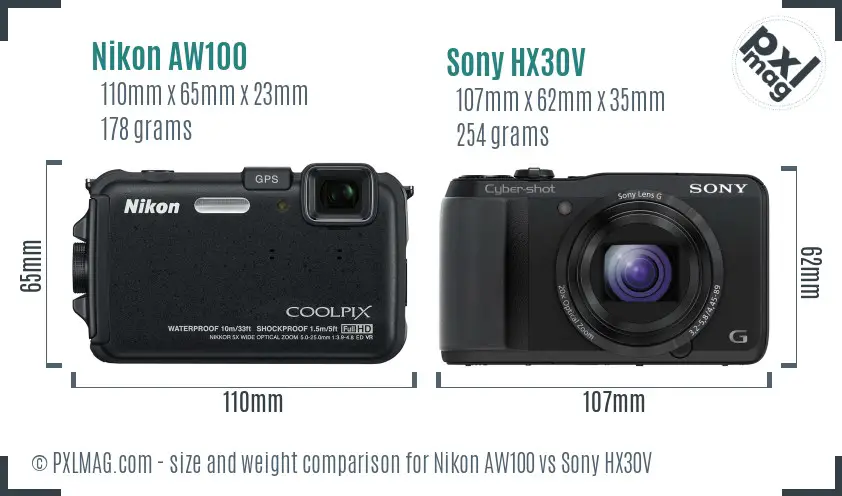 Nikon AW100 vs Sony HX30V size comparison