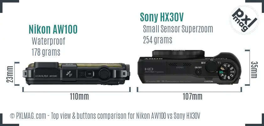 Nikon AW100 vs Sony HX30V top view buttons comparison
