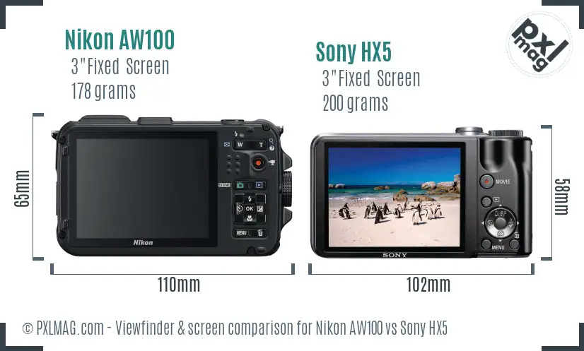 Nikon AW100 vs Sony HX5 Screen and Viewfinder comparison