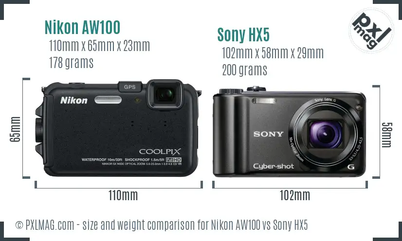 Nikon AW100 vs Sony HX5 size comparison