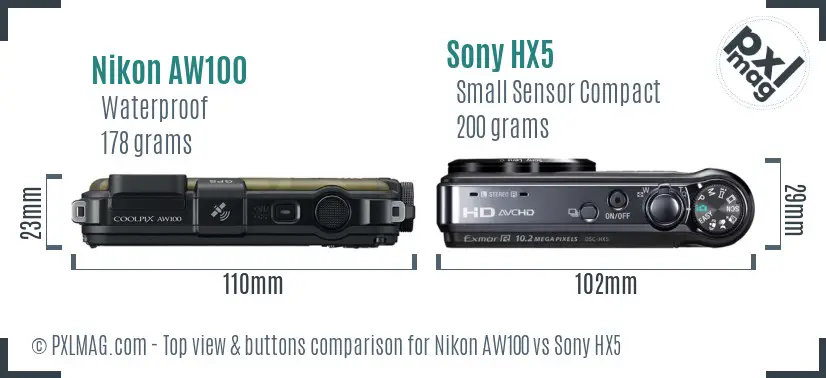 Nikon AW100 vs Sony HX5 top view buttons comparison