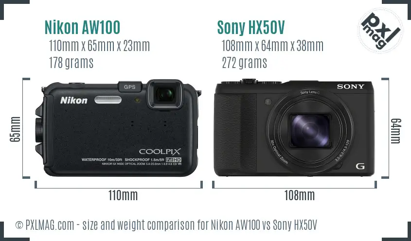 Nikon AW100 vs Sony HX50V size comparison