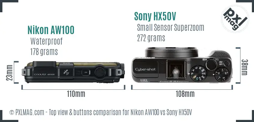 Nikon AW100 vs Sony HX50V top view buttons comparison