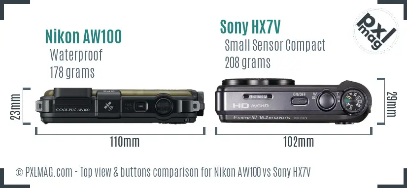 Nikon AW100 vs Sony HX7V top view buttons comparison Nikon AW100 vs Sony HX7V top view buttons comparison