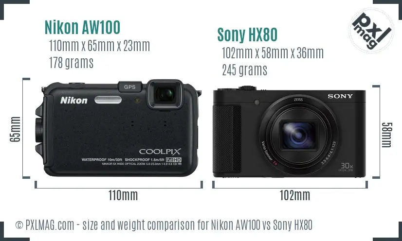 Nikon AW100 vs Sony HX80 size comparison