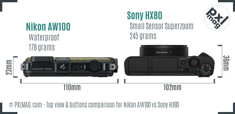Nikon AW100 vs Sony HX80 top view buttons comparison