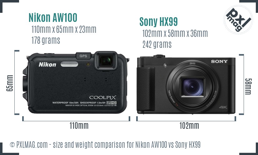 Nikon AW100 vs Sony HX99 size comparison