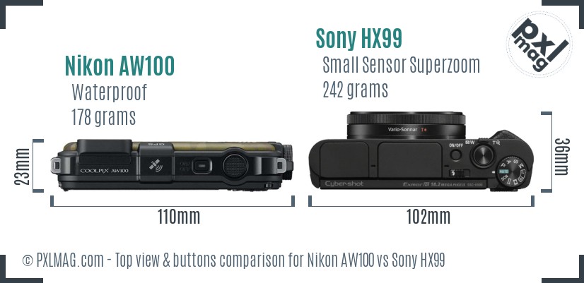 Nikon AW100 vs Sony HX99 top view buttons comparison