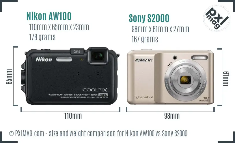 Nikon AW100 vs Sony S2000 size comparison