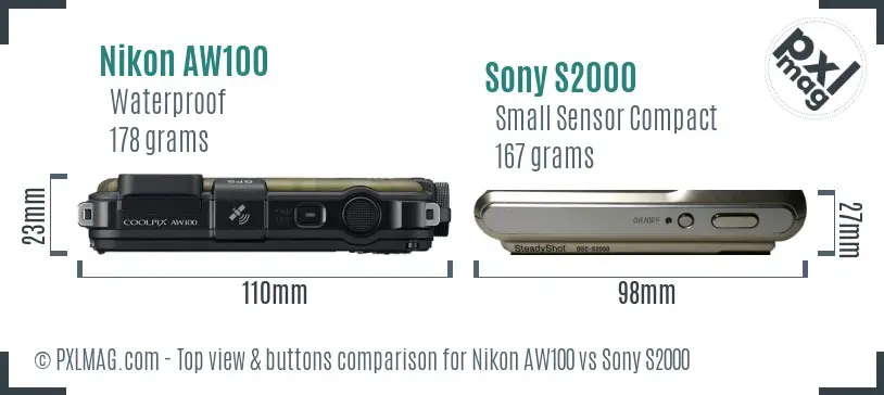 Nikon AW100 vs Sony S2000 top view buttons comparison