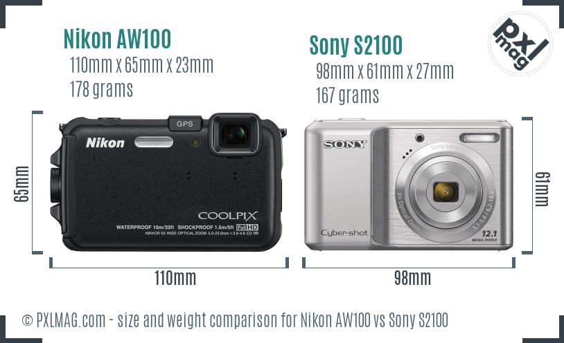 Nikon AW100 vs Sony S2100 size comparison