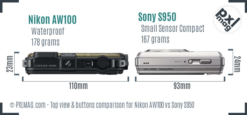 Nikon AW100 vs Sony S950 top view buttons comparison