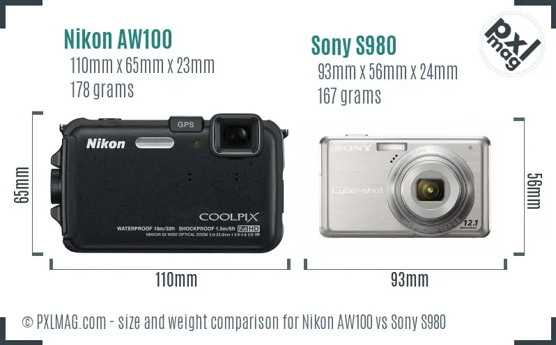 Nikon AW100 vs Sony S980 size comparison Nikon AW100 vs Sony S980 size comparison