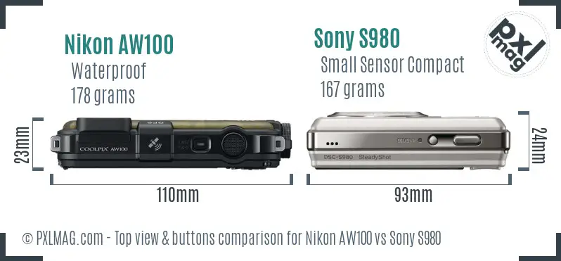 Nikon AW100 vs Sony S980 top view buttons comparison Nikon AW100 vs Sony S980 top view buttons comparison