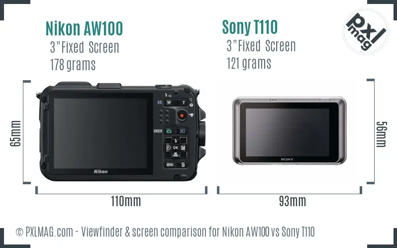 Nikon AW100 vs Sony T110 Screen and Viewfinder comparison