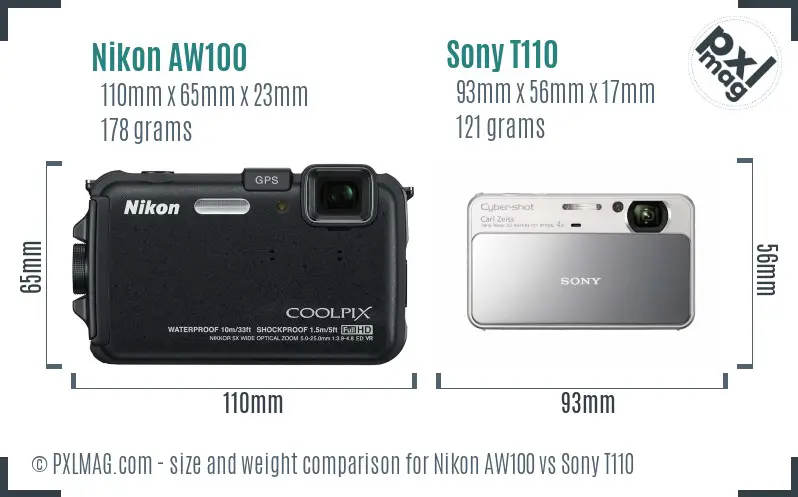 Nikon AW100 vs Sony T110 size comparison