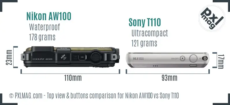 Nikon AW100 vs Sony T110 top view buttons comparison