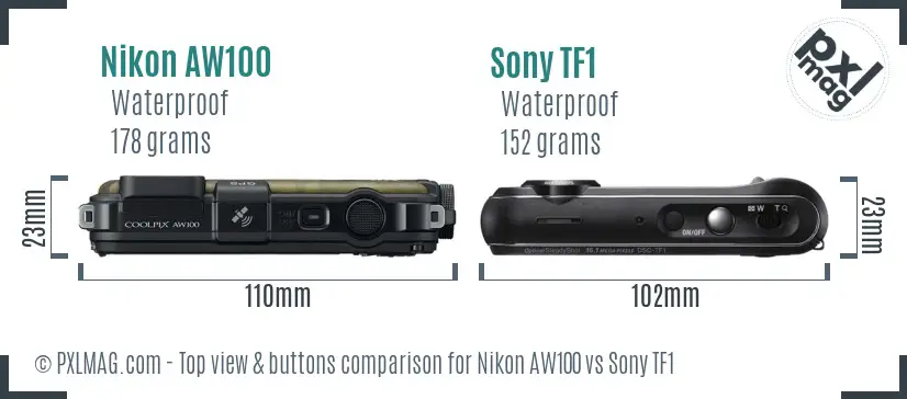 Nikon AW100 vs Sony TF1 top view buttons comparison Nikon AW100 vs Sony TF1 top view buttons comparison