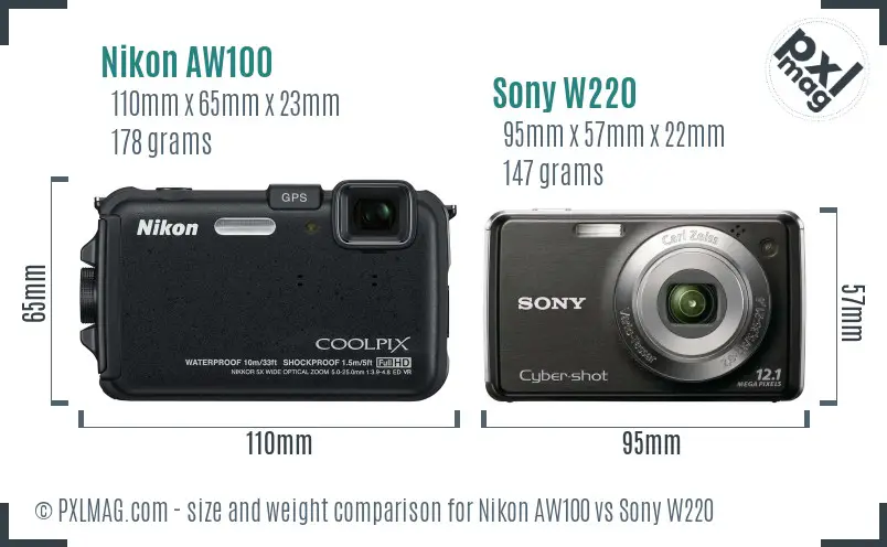Nikon AW100 vs Sony W220 size comparison