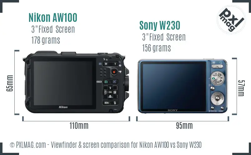 Nikon AW100 vs Sony W230 Screen and Viewfinder comparison
