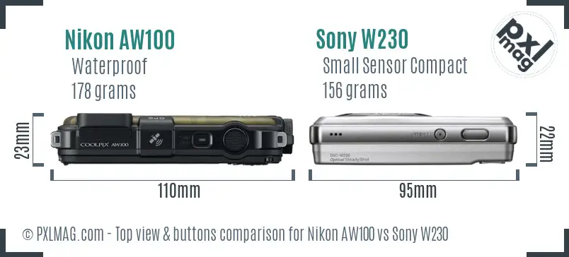 Nikon AW100 vs Sony W230 top view buttons comparison