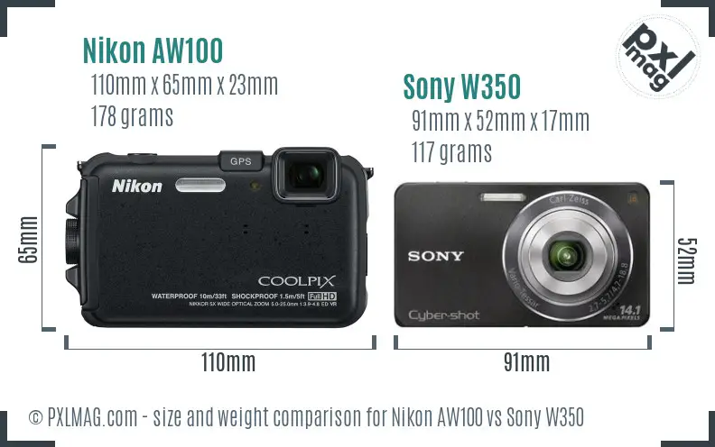 Nikon AW100 vs Sony W350 size comparison