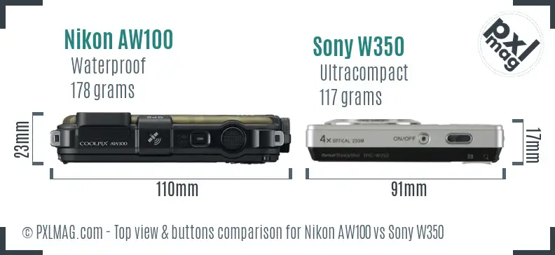 Nikon AW100 vs Sony W350 top view buttons comparison