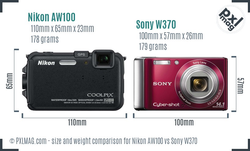 Nikon AW100 vs Sony W370 size comparison