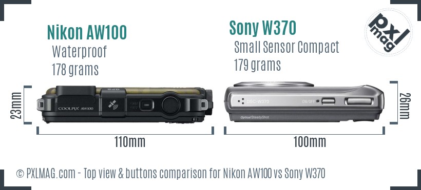 Nikon AW100 vs Sony W370 top view buttons comparison